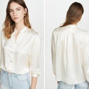 Vince Shirred Satin Band Collar Silk Blouse, Chiffon (Cream) Size L
